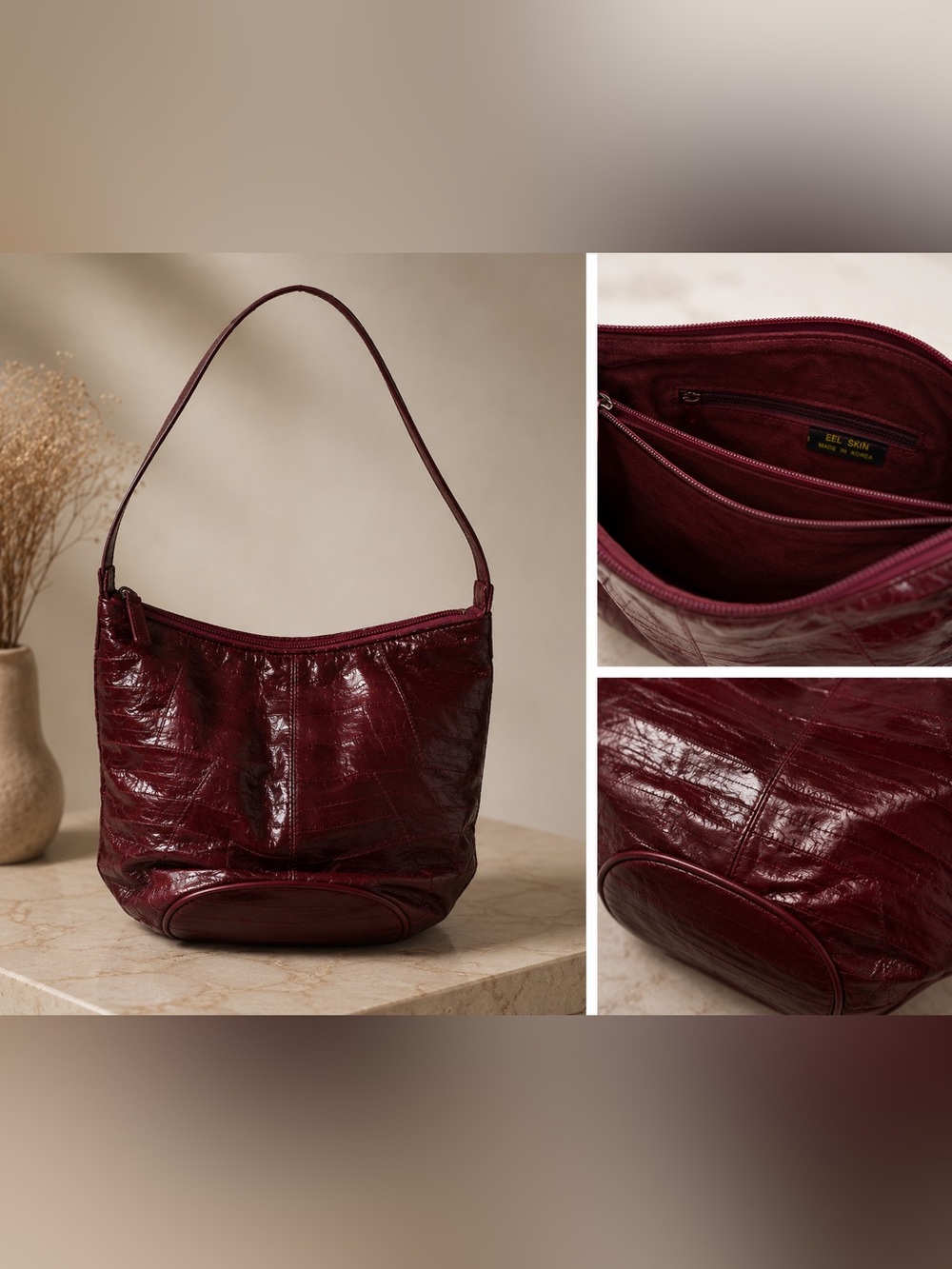 Eel skin Shoulder Hobo Bag in Deep Wine with suede interior